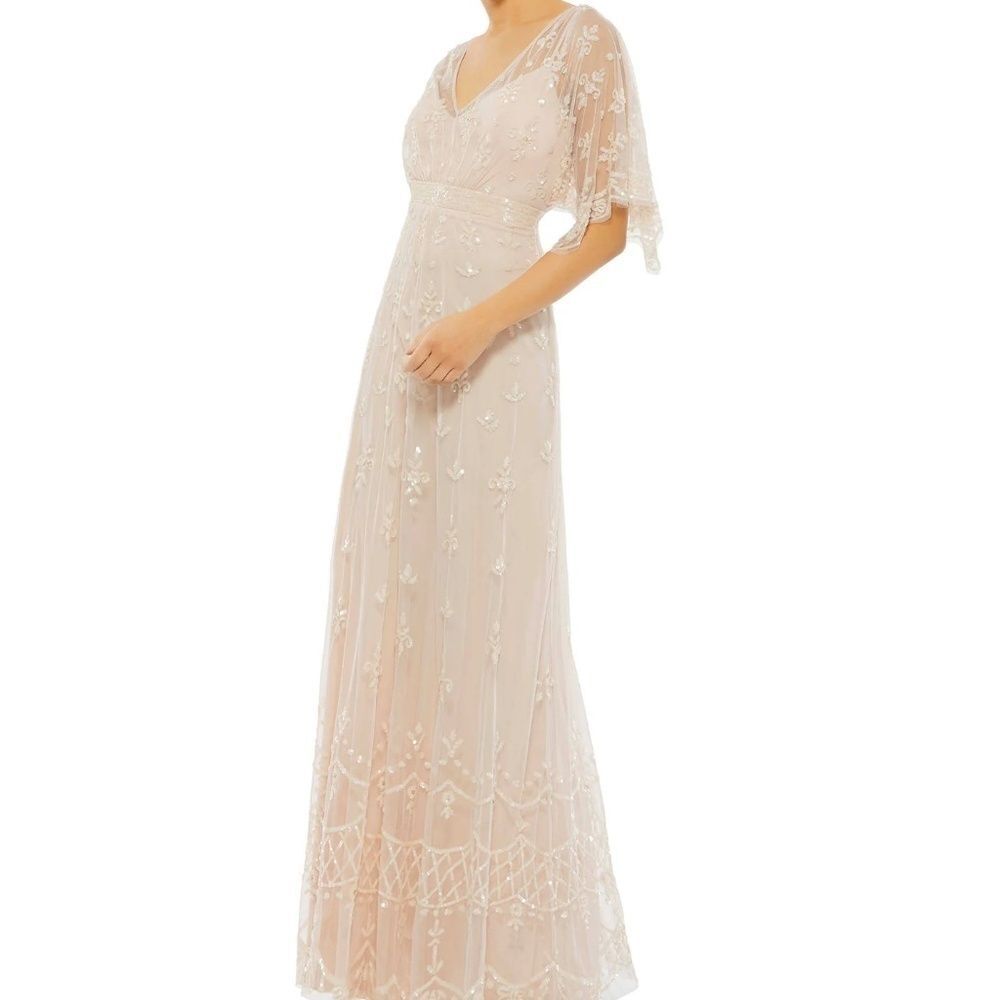 NWT Mac Duggal 9144 V Neck Flutter Sleeve Embellished Mesh Gown Blush Size 4